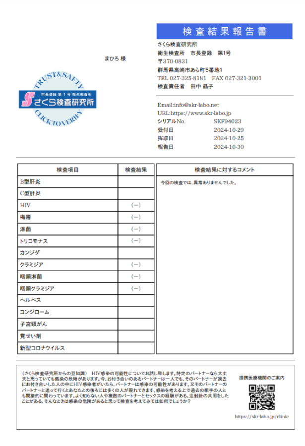 マヒロの性病検査証明書